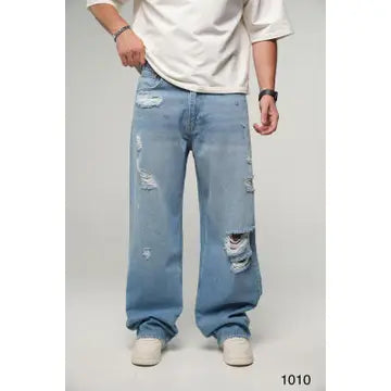 Blue Distressed Loose Fit Jeans Men
