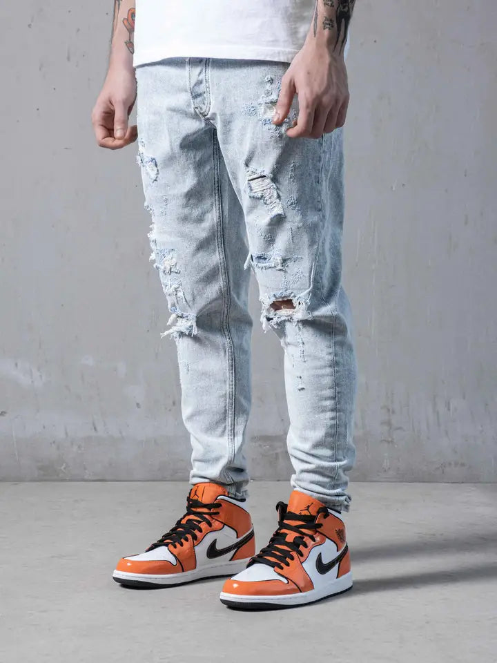 Ice Distressed Stonewashed Slim Fit Men's Jeans