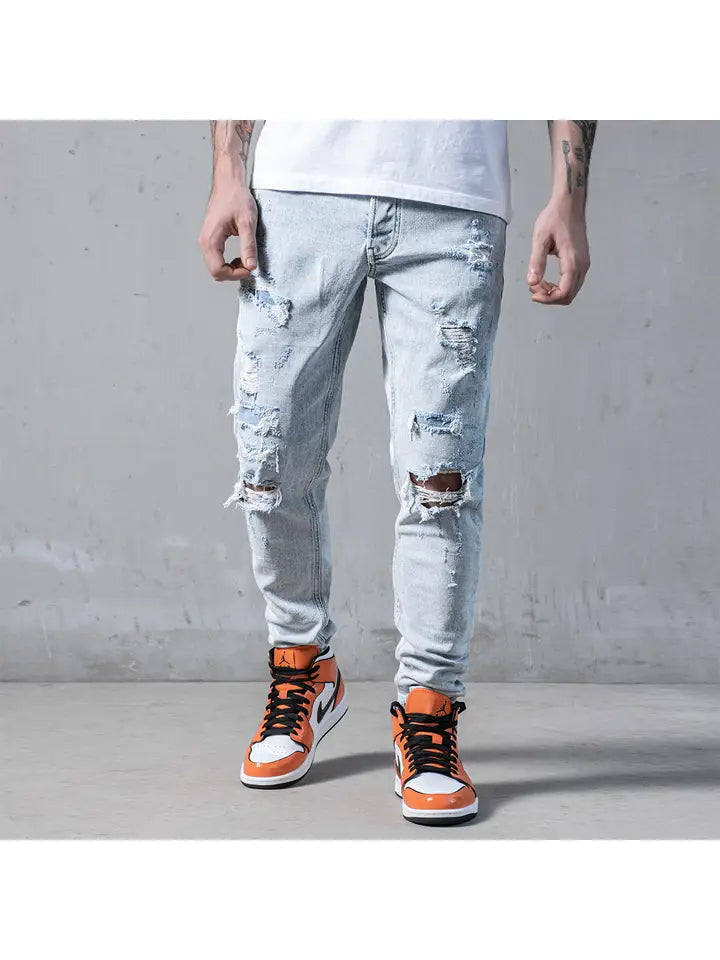 Ice Distressed Stonewashed Slim Fit Men's Jeans