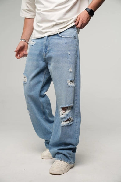 Blue Distressed Loose Fit Jeans Men